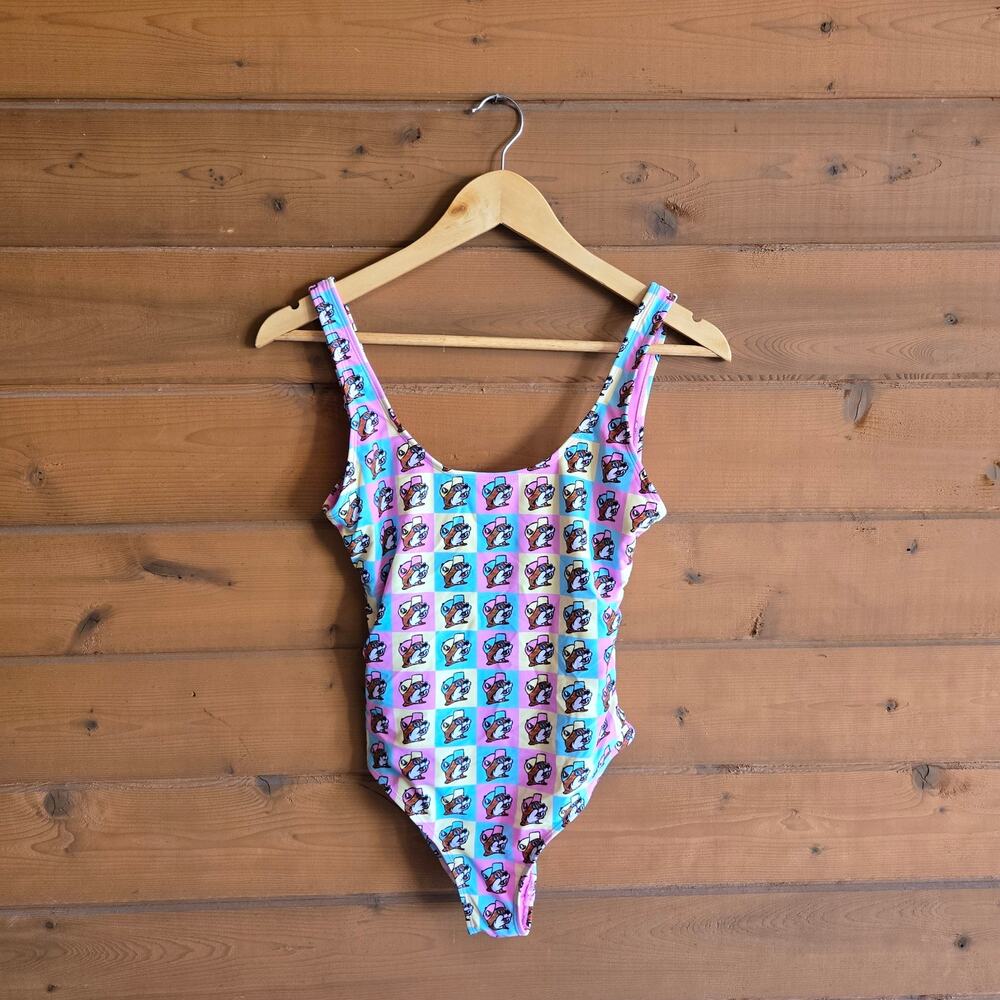 Buc-ee's One Piece Swimsuit Pastel Color Block Preppy Grid Pink S Beaver Logo